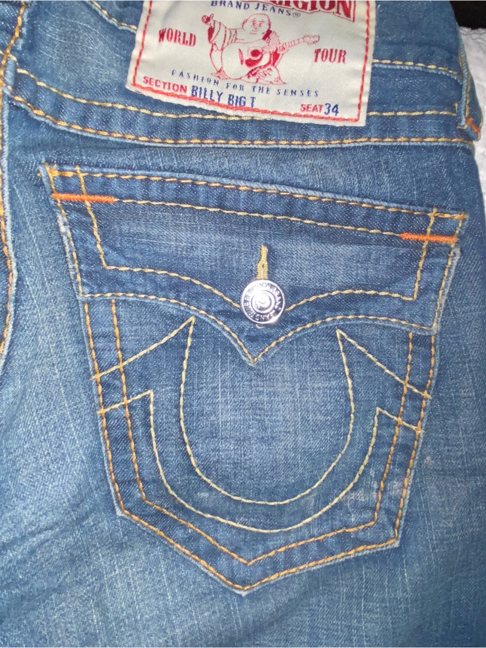 True Religion Mens Vintage Straight Leg Blue Denim Jeans with Signature Pocket